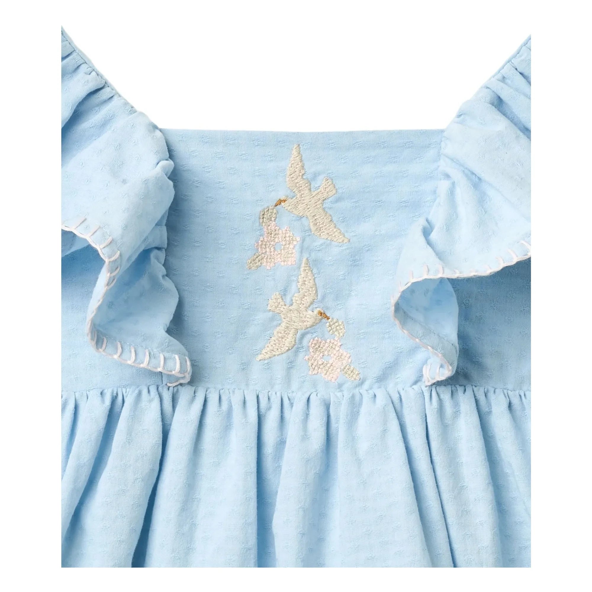 Copenhagen Colors - Vestido de algodón orgánico con bordado floral y estampado de pájaros | Azul claro