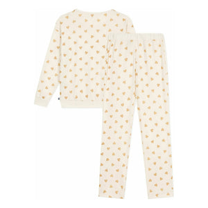 Petit Bateau - Organic Cotton Plain Pajama Set, Sequined Hearts | Ecru