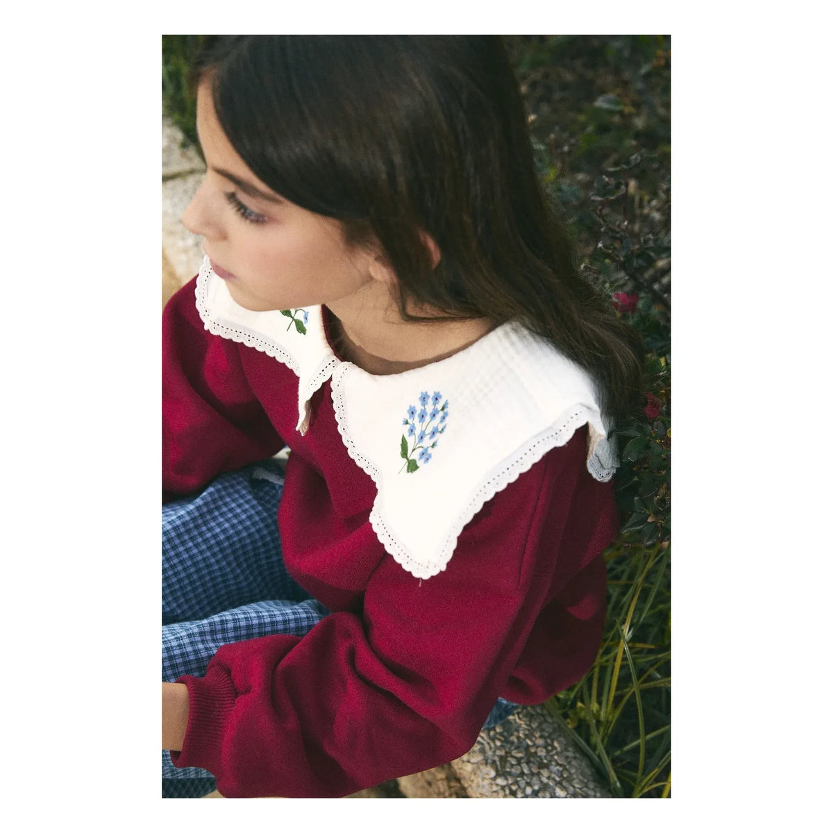 birinit - Organik pamuklu işlemeli drapeli yaka sweatshirt | Bordo
