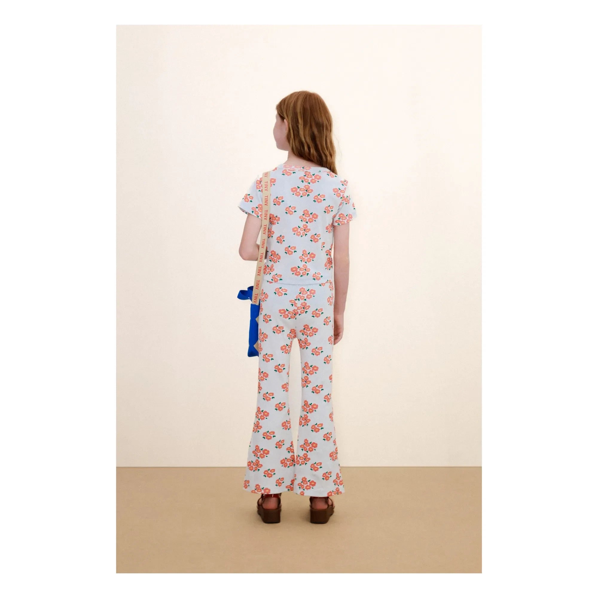 Tinycottons - Organic Cotton Flare Pants with Floral Print Ribbed | Light blue