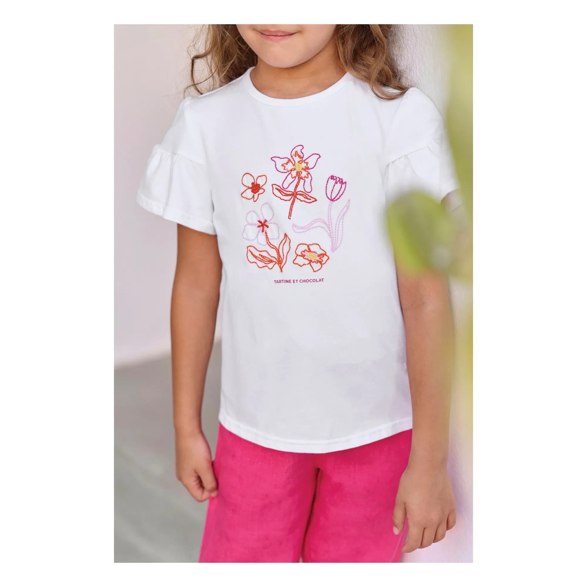 Tartine et Chocolat - Blumenstickerei Ballonärmel T-Shirt | Weiß