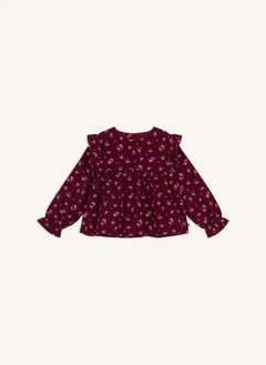 Petit Bateau - Fırfırlı Çiçek Desenli Kadife Organik Pamuk Bluz | Bordo