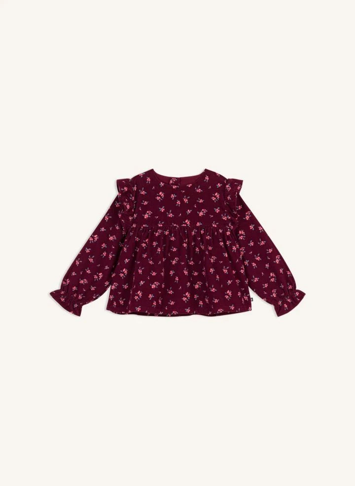 Petit Bateau - Fırfırlı Çiçek Desenli Kadife Organik Pamuk Bluz | Bordo