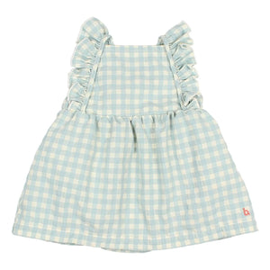 Búho - Gingham Fırfırlı Seersucker Organik Pamuk Romper Elbise | Aqua