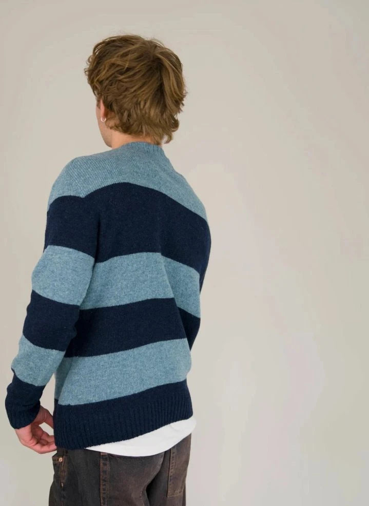 Origin Knitwear - Çizgili Yün Dikişsiz Kazak | Mavi