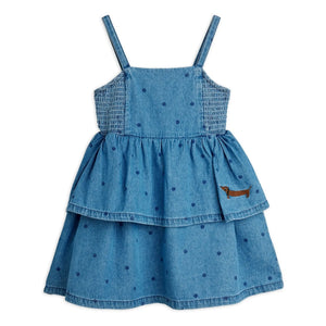 Mini Rodini - Organik Pamuklu Puantiyeli Denim Elbise | Mavi