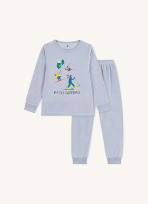 Petit Bateau - Kadife Organik Pamuk Kayak Pijaması | Gri mavi