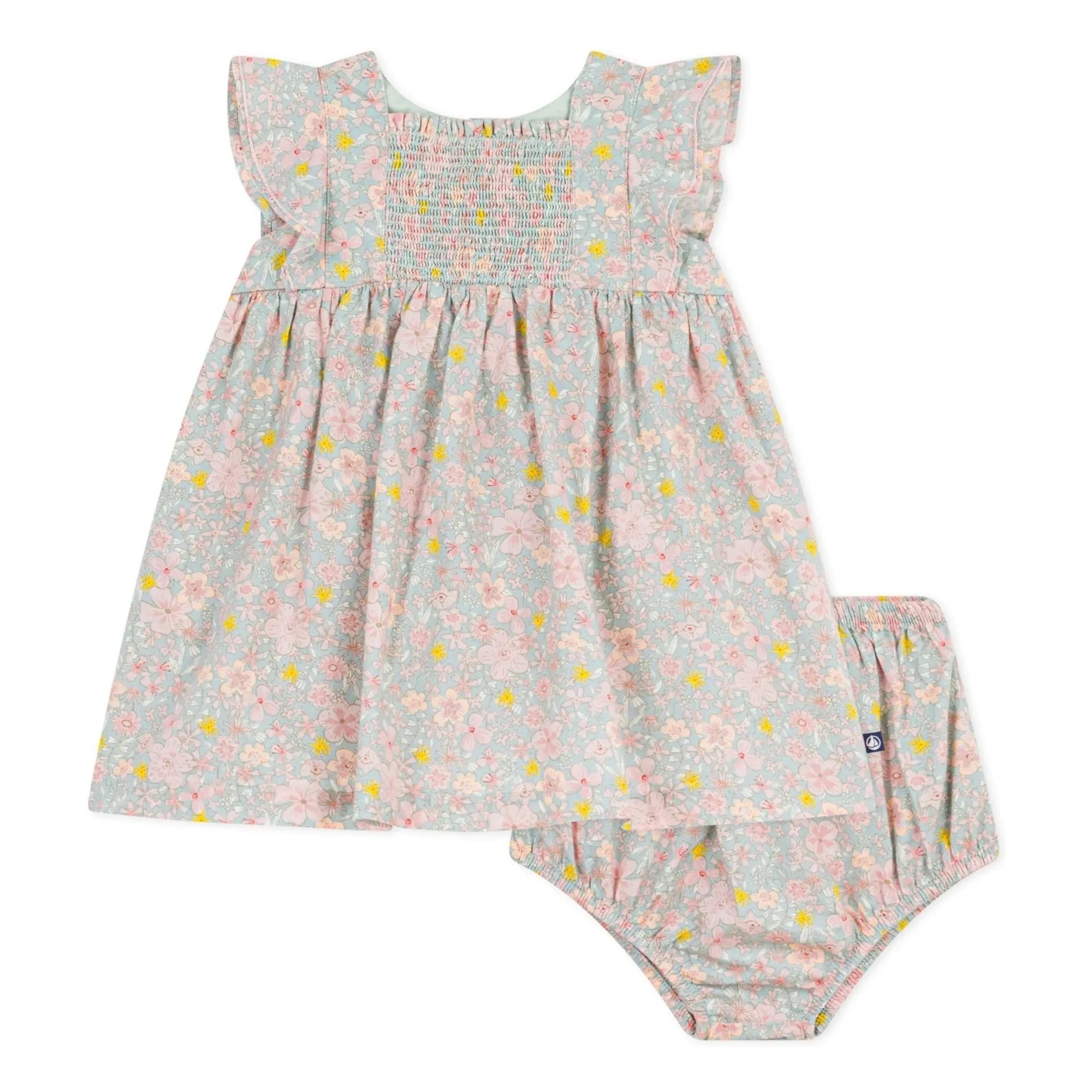 Petit Bateau - Organik pamuklu çiçek desenli elbise ve bloomer seti | Gri mavi