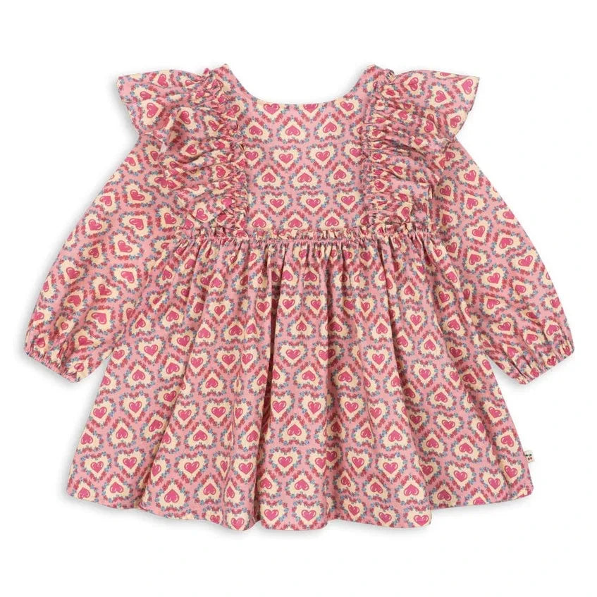 Konges Sløjd - Vestido con Volantes y Estampado de Corazones de Algodón Orgánico | Rosa