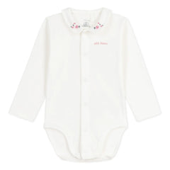Petit Bateau - Bio-Baumwoll-Body mit Blumenstickerei am Kragen | Weiß