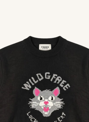 Finger in the nose - Sally Black Cat Merino Wool Sweater | Black