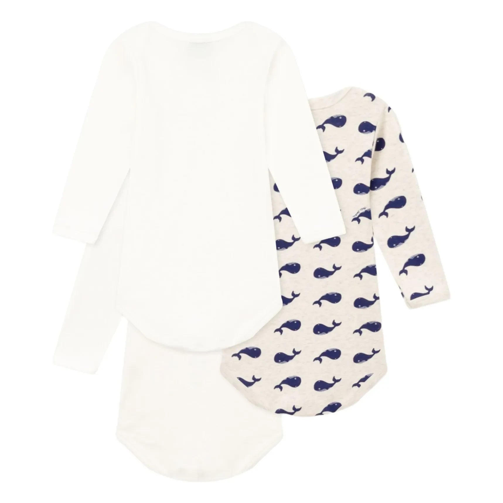 Petit Bateau - Pack of 3 Long Sleeve Whale Pattern Organic Cotton Bodysuits | White