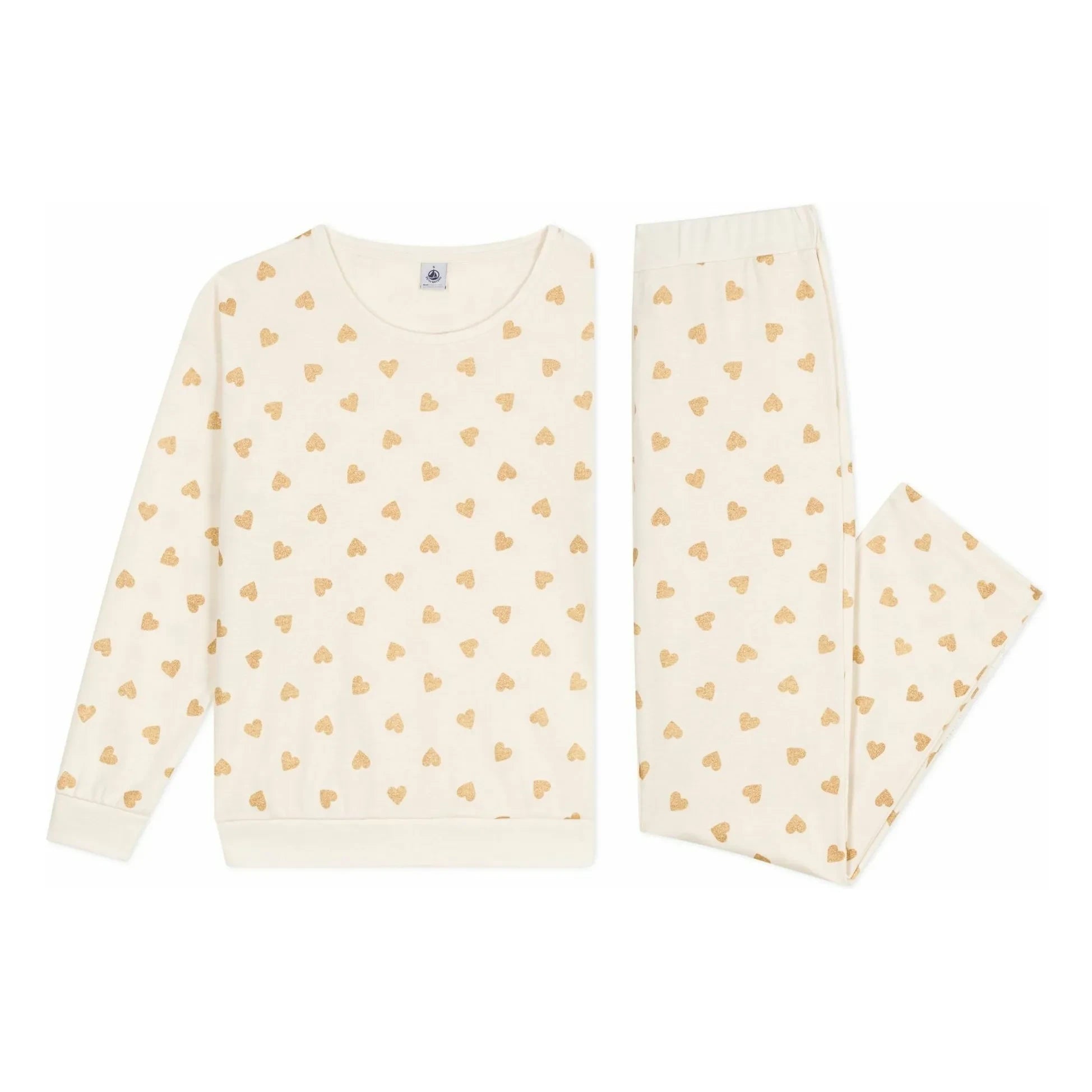 Petit Bateau - Organic Cotton Plain Pajama Set, Sequined Hearts | Ecru