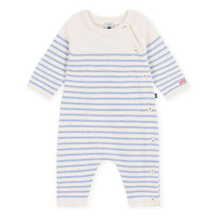 Petit Bateau - Gestreifter Wollstrampler | Ecru