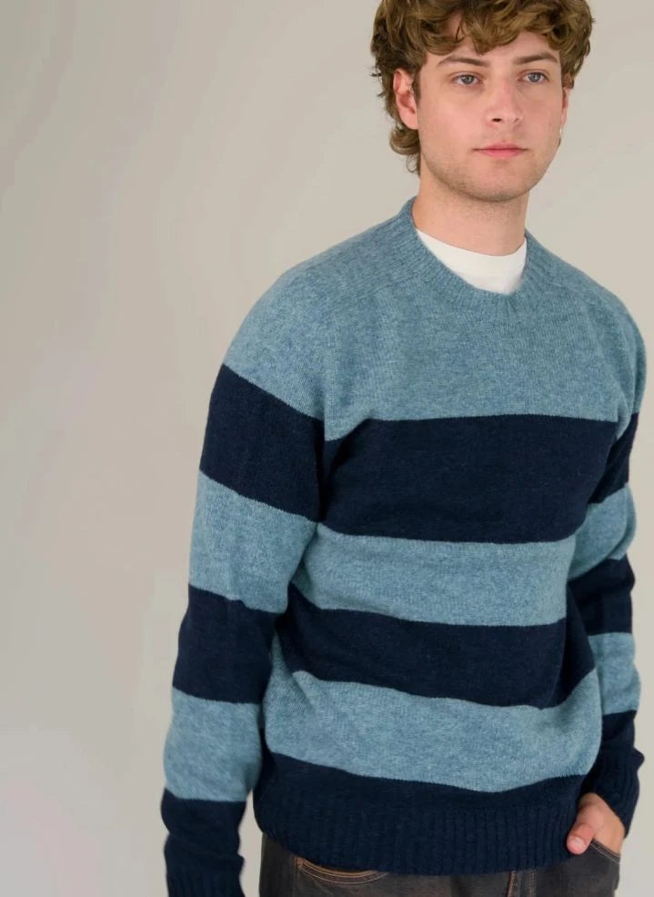 Origin Knitwear - Çizgili Yün Dikişsiz Kazak | Mavi