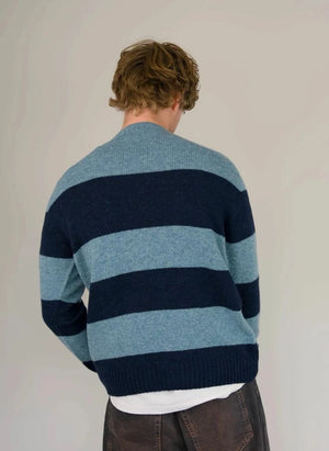 Origin Knitwear - Çizgili Yün Dikişsiz Kazak | Mavi