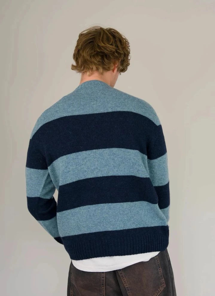 Origin Knitwear - Çizgili Yün Dikişsiz Kazak | Mavi