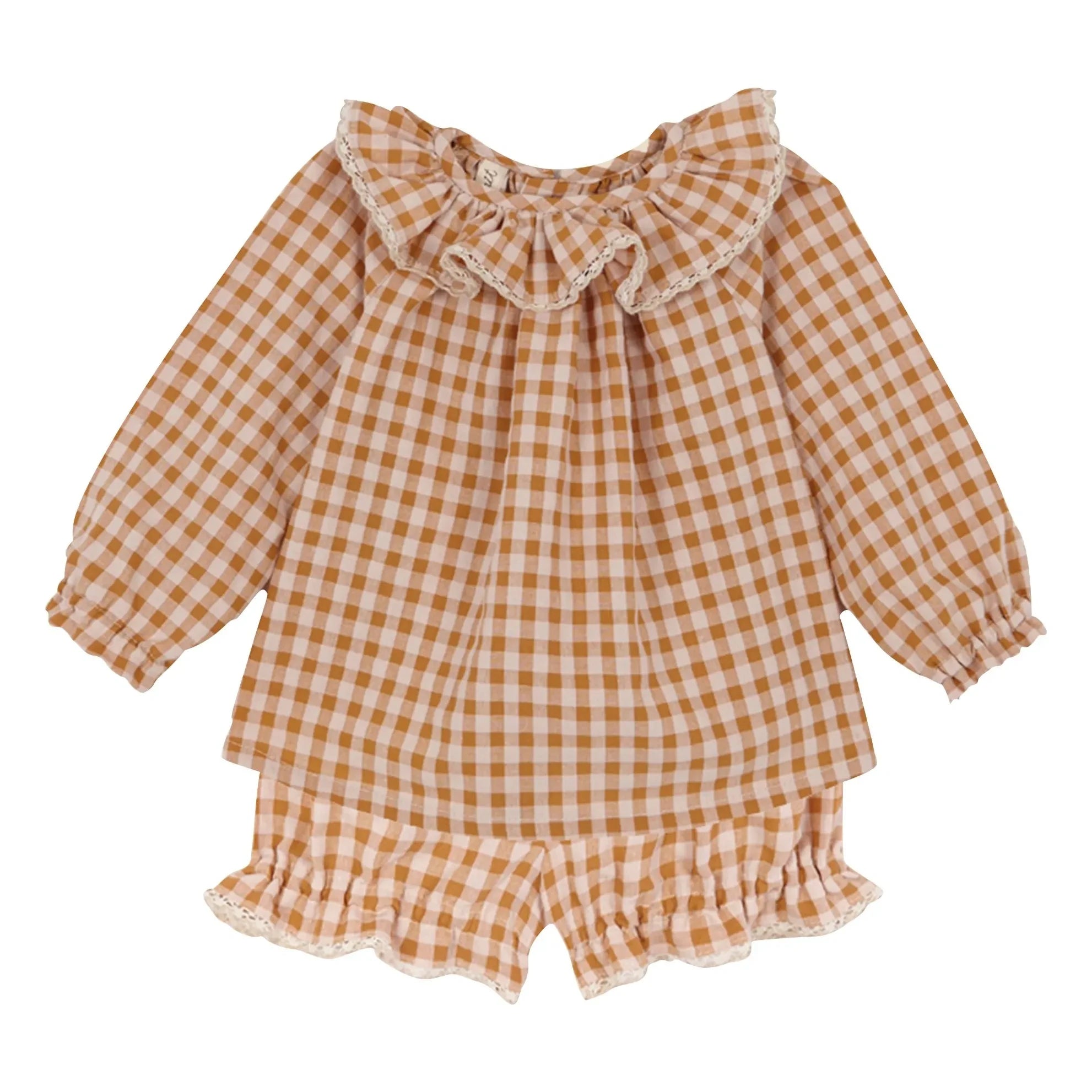 birinit - Organik pamuklu Vichy bluz ve bloomer seti | Karamel