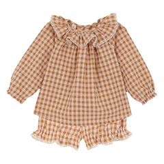 birinit - Organik pamuklu Vichy bluz ve bloomer seti | Karamel