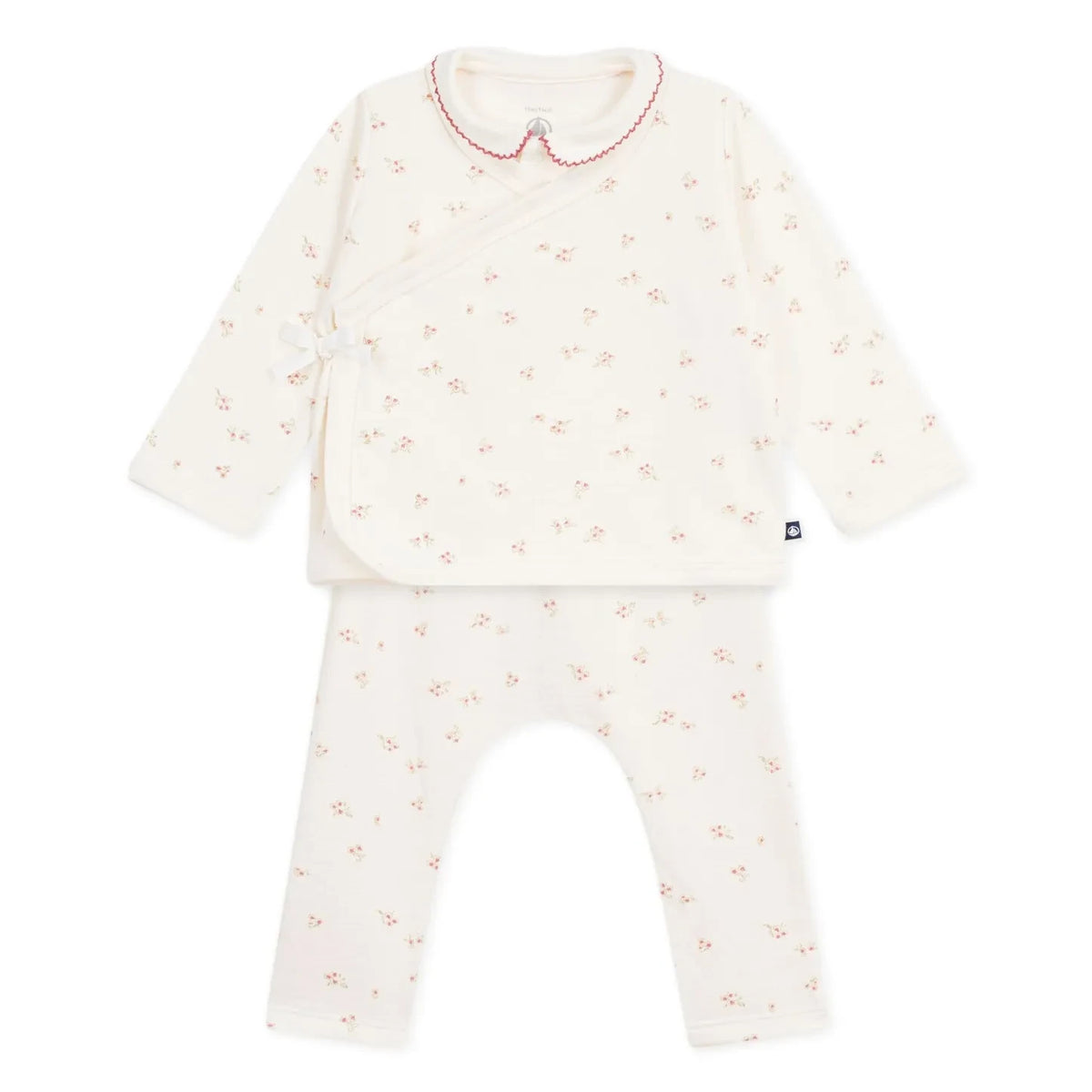 Petit Bateau - Organik Pamuklu Çiçekli Body, Üstlük ve Pantolon Seti | Ekru