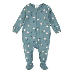 Petit Lem - Organik Pamuklu Çiçek Desenli Fitilli Ayaklı Pijama | Mavi Yeşil