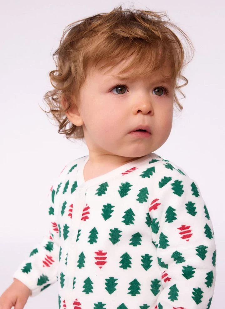 Petit Bateau - Kürk Ağacı Ayaklı Kadife Organik Pamuk Pijama | Beyaz