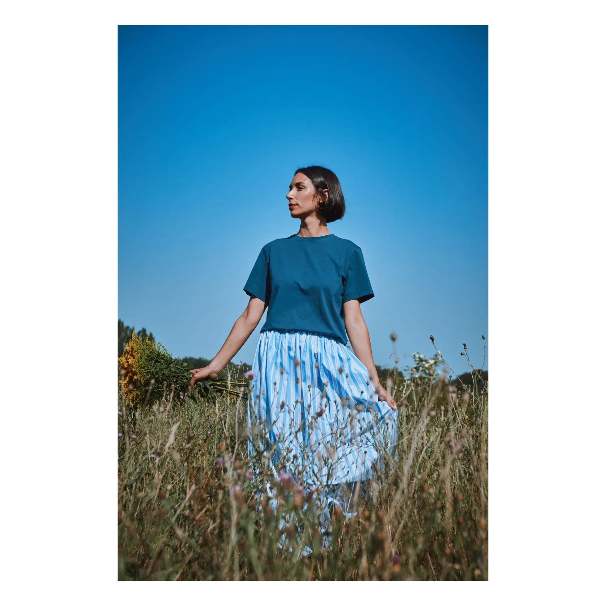 Poudre Organic - Mavi Chia Çizgili Pamuk Poplin Etek