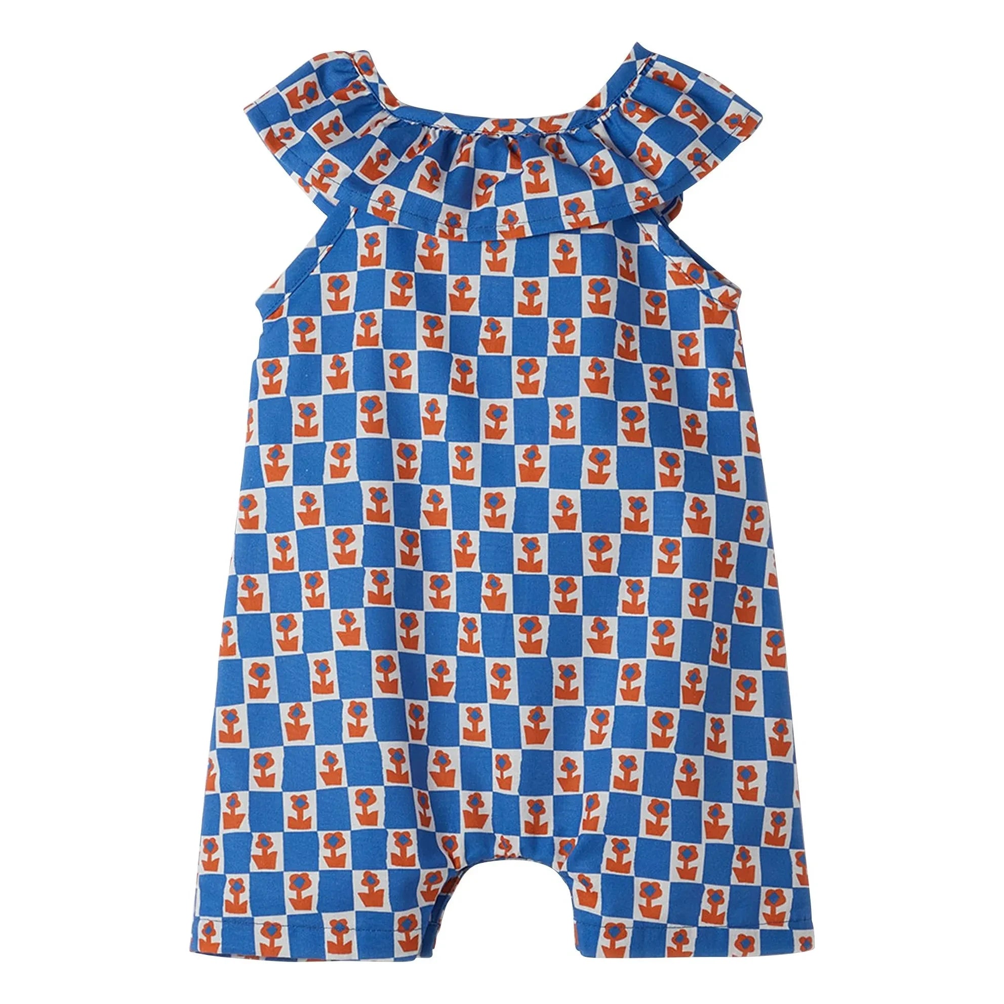 Fabula - Ruffled Dungarees Damiers Flowers | Blue