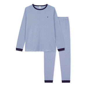 Petit Bateau - Pijama de punto de algodón orgánico a rayas ajustado | Azul marino