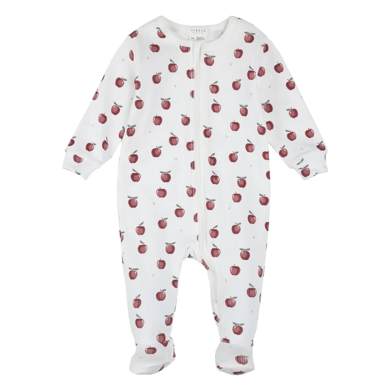 Petit Lem - Pijama de punto de algodón orgánico con pies, diseño de manzana | Crudo
