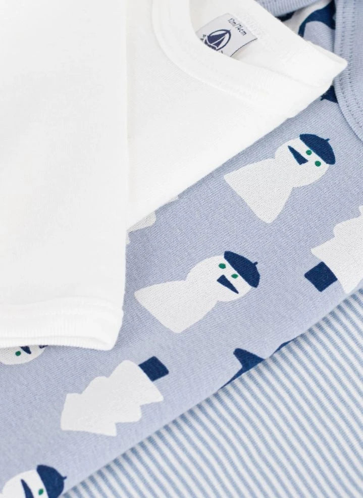 Petit Bateau - 3'lü Organik Pamuk Kardan Adam Gövdesi Seti | Gri mavi