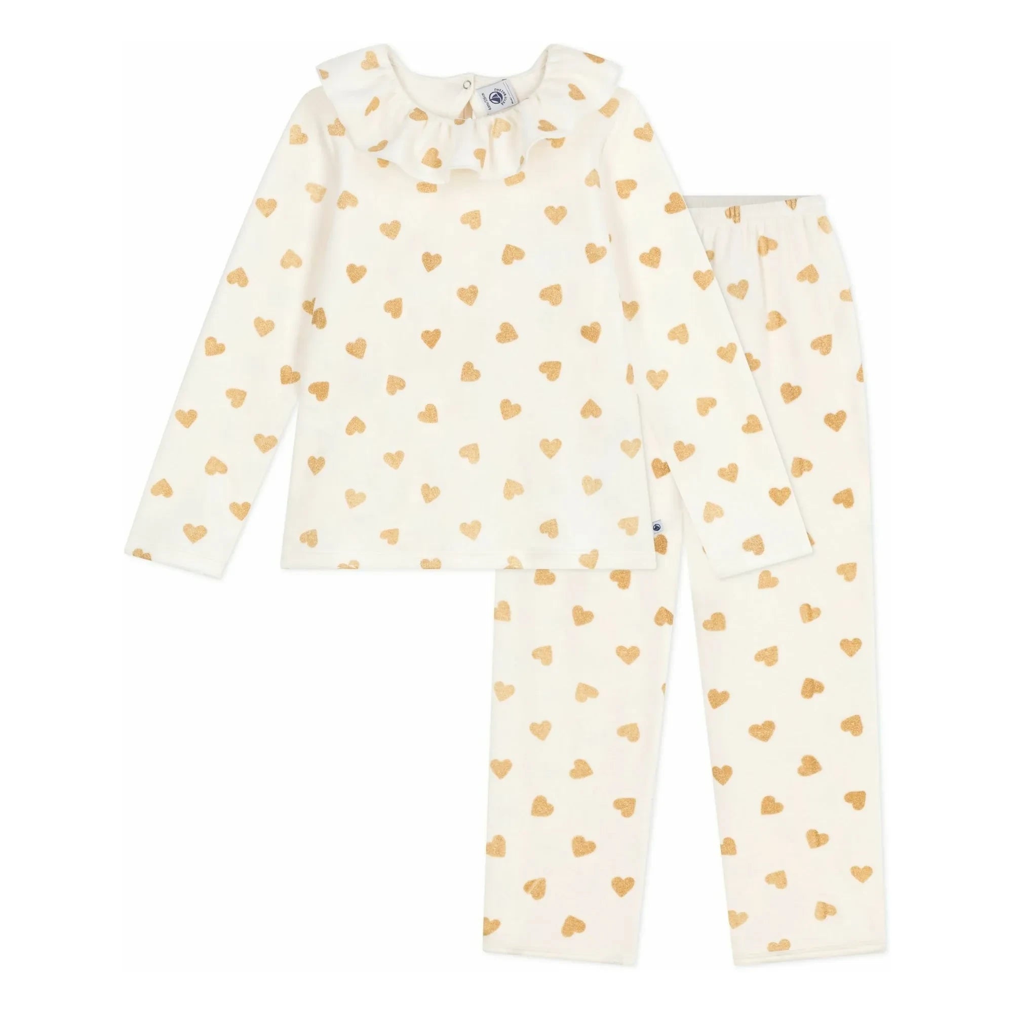 Petit Bateau - Ruffled Pajamas Glittery Hearts Organic Cotton | Ecru