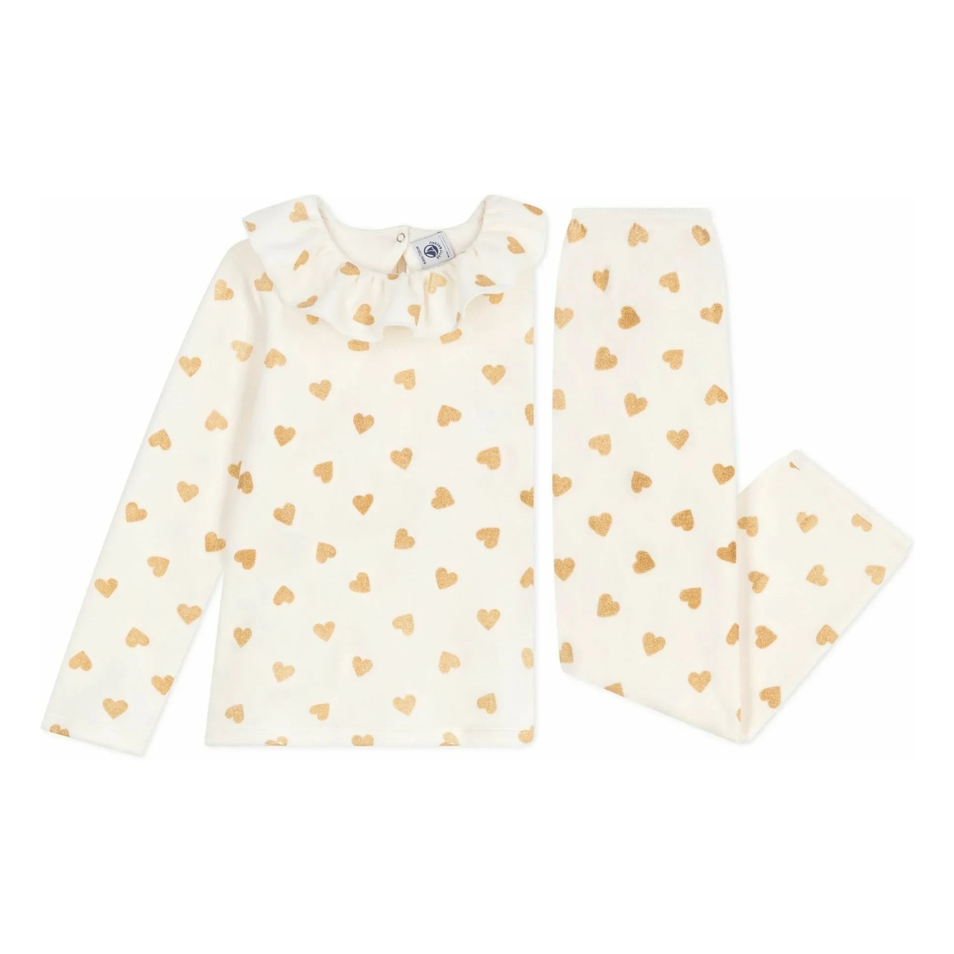 Petit Bateau - Ruffled Pajamas Glittery Hearts Organic Cotton | Ecru