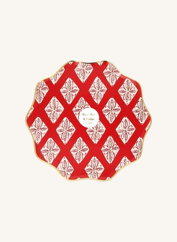 Meri Meri - Block Print desenli büyük Noel tabakları - 8'li set