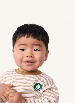 Petit Bateau - Çizgili Rozetli Organik Pamuk Bebek Tişörtü | Bej