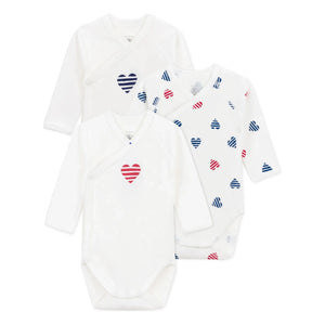Petit Bateau - 3er-Set Gestreifte Herzen Baby-Bodys aus Bio-Baumwolle | Ecru