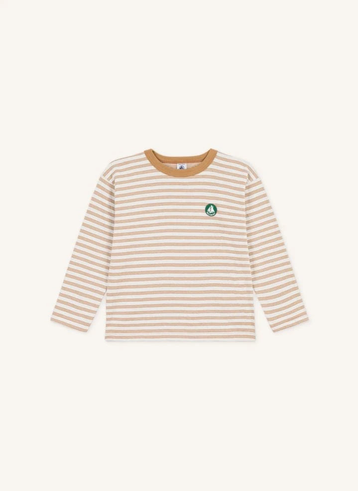 Petit Bateau - Organik pamuklu çizgili logo tişört | Bej