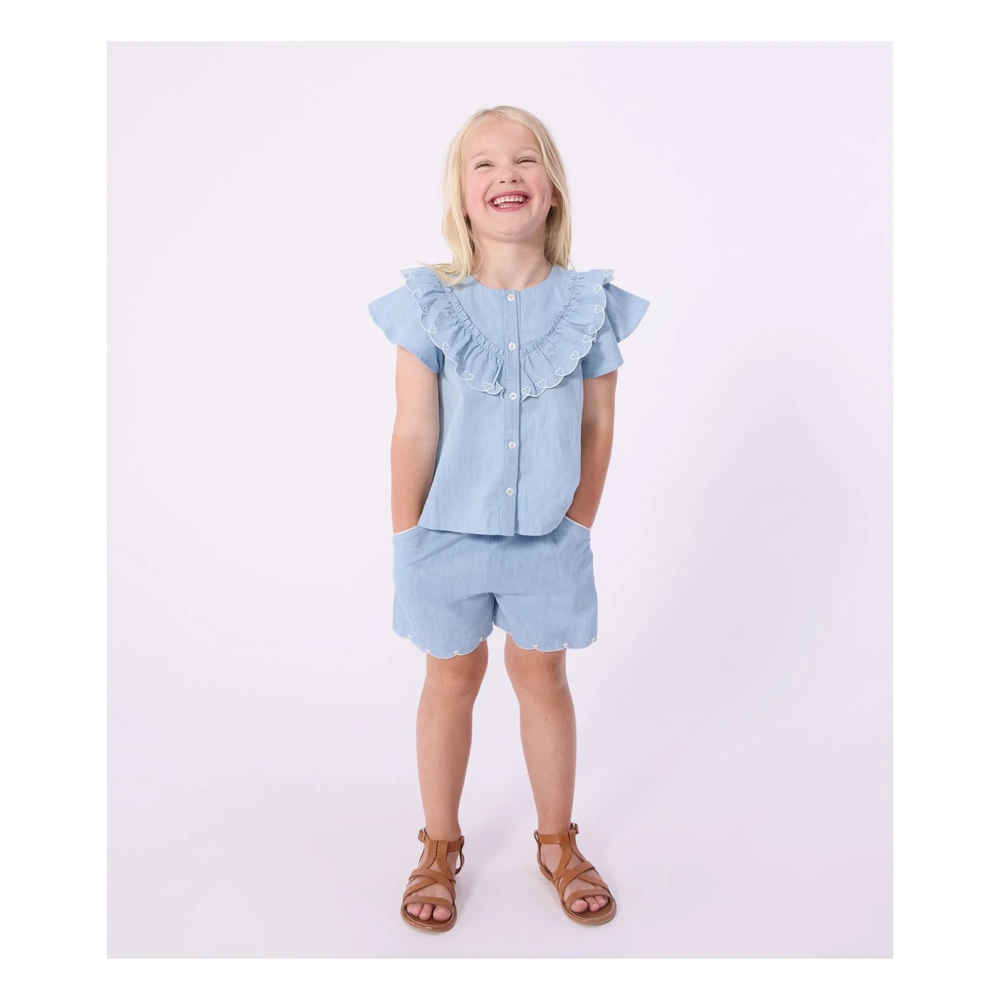 Petit Bateau - Organik Pamuklu Chambray Kalp Şort | Açık Mavi