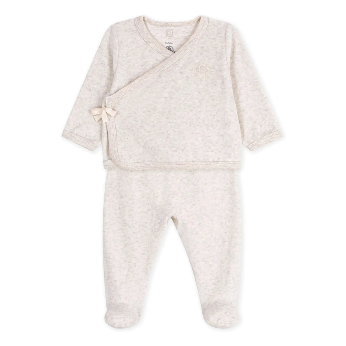 Petit Bateau - Conjunto de pantalón y body cruzado de terciopelo de algodón orgánico | Beige jaspeado