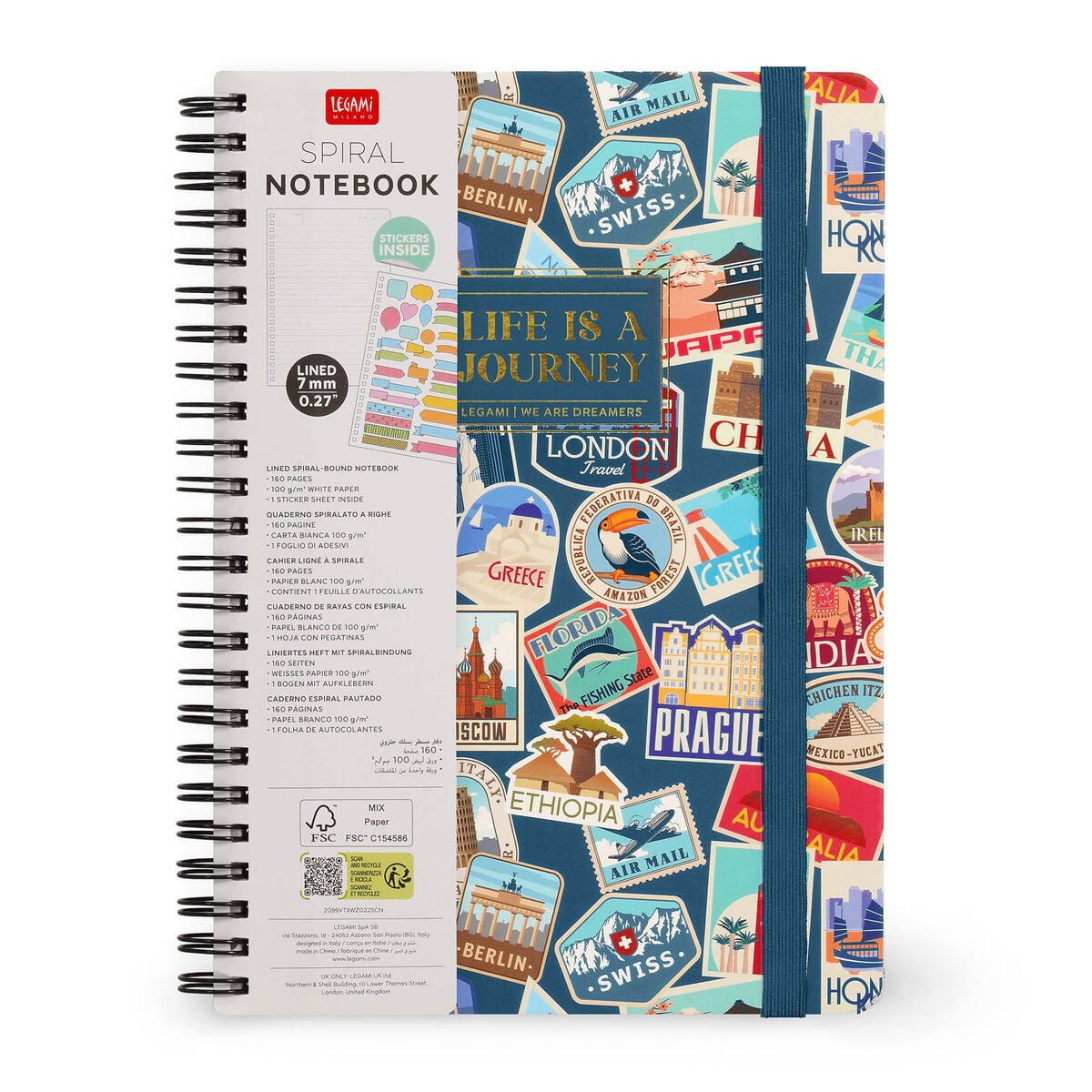 Legami - A5 Lined Defter ile Illustrated Hard Kılıf - Seyahat Stickers - Spiral-Bound