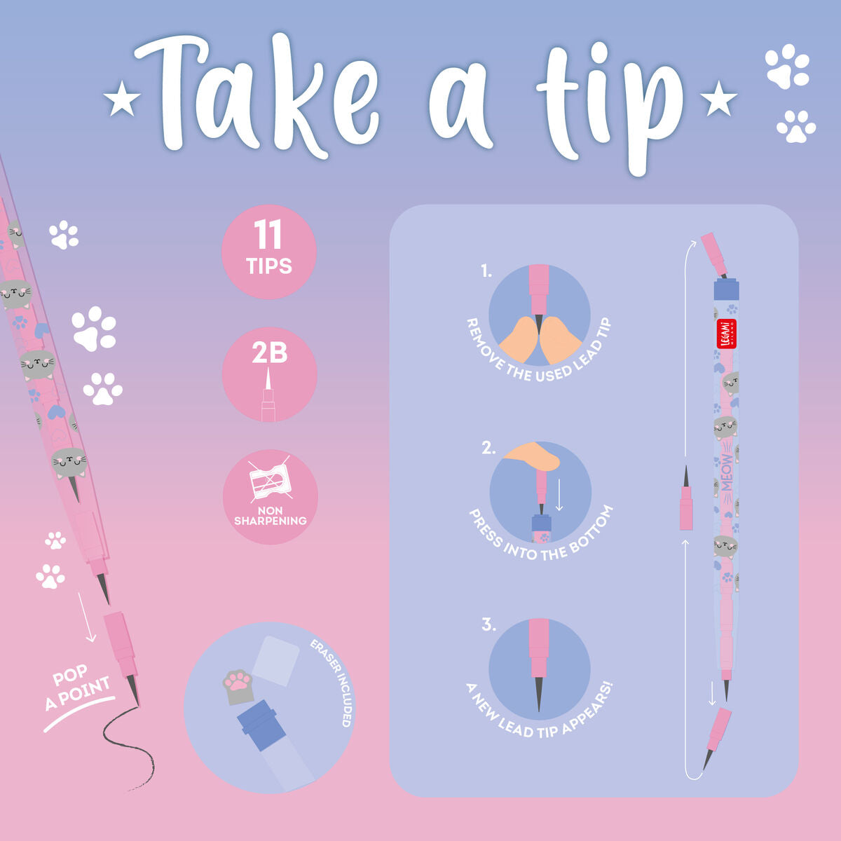 Legami - Kitty Stackable Kalem ile Eraser - Take a Tip
