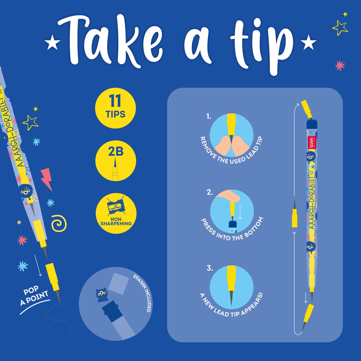 Legami - Monster Stackable Kalem ile Eraser - Take a Tip