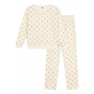 Petit Bateau - Organic Cotton Plain Pajama Set, Sequined Hearts | Ecru