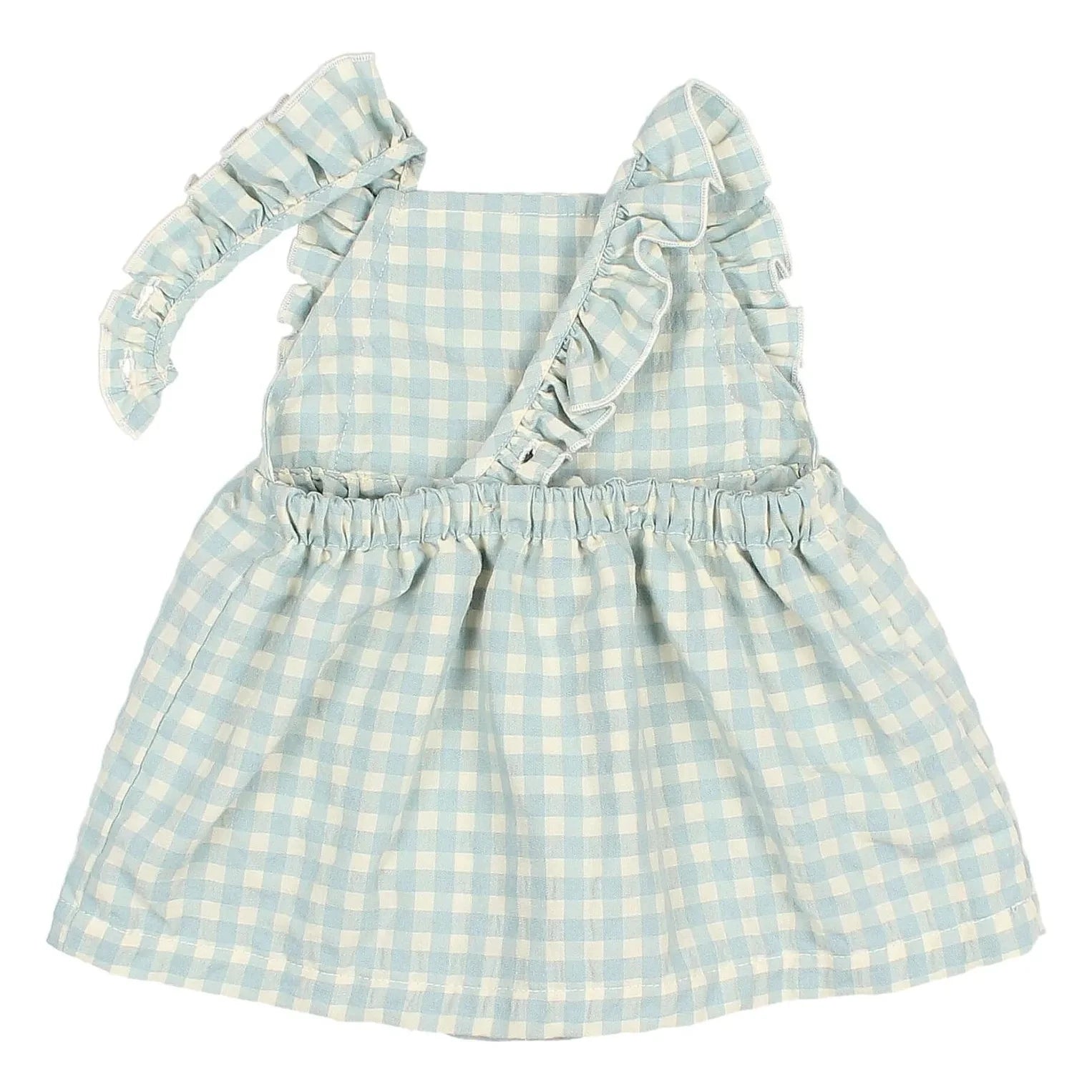 Búho - Gingham Fırfırlı Seersucker Organik Pamuk Romper Elbise | Aqua