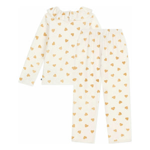 Petit Bateau - Ruffled Pajamas Glittery Hearts Organic Cotton | Ecru