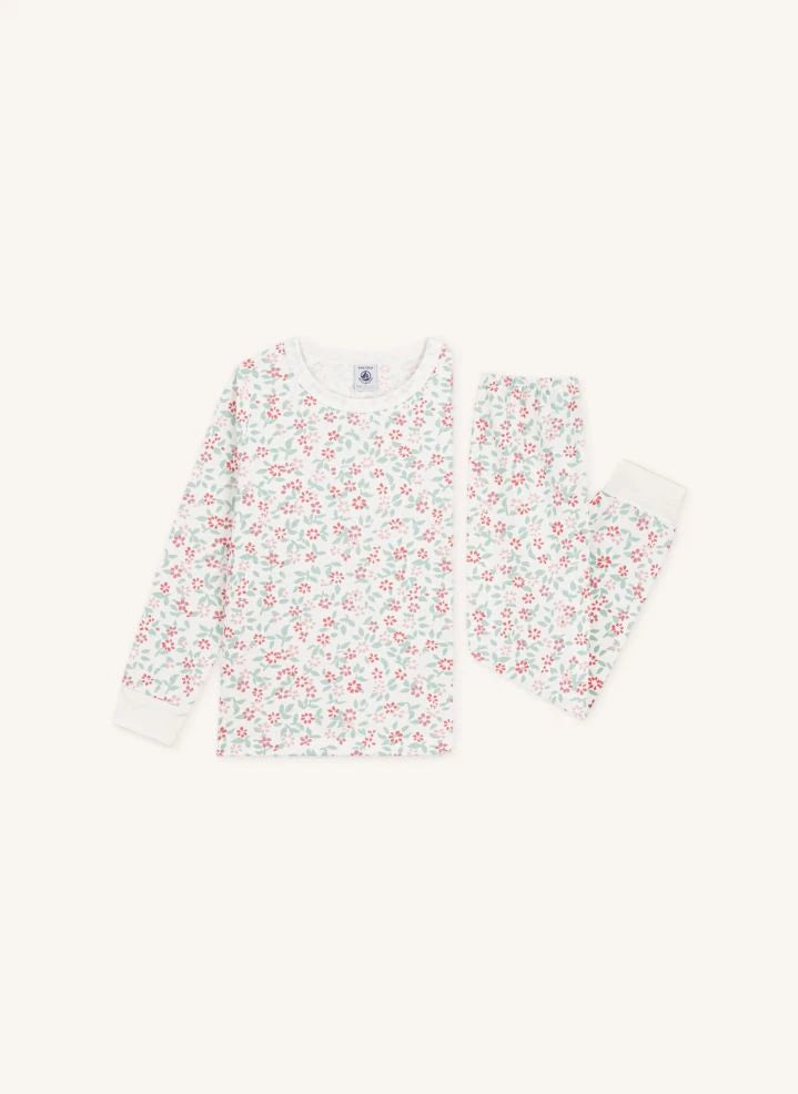 Petit Bateau - Organik pamuklu polar çiçek desenli pijama | Beyaz