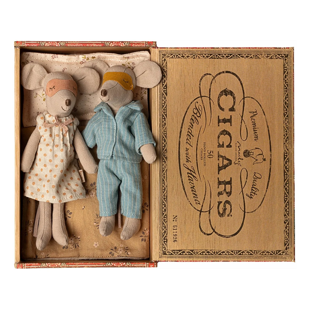 Maileg - Mamá y Papá Ratones en Caja de Madera Ahumada