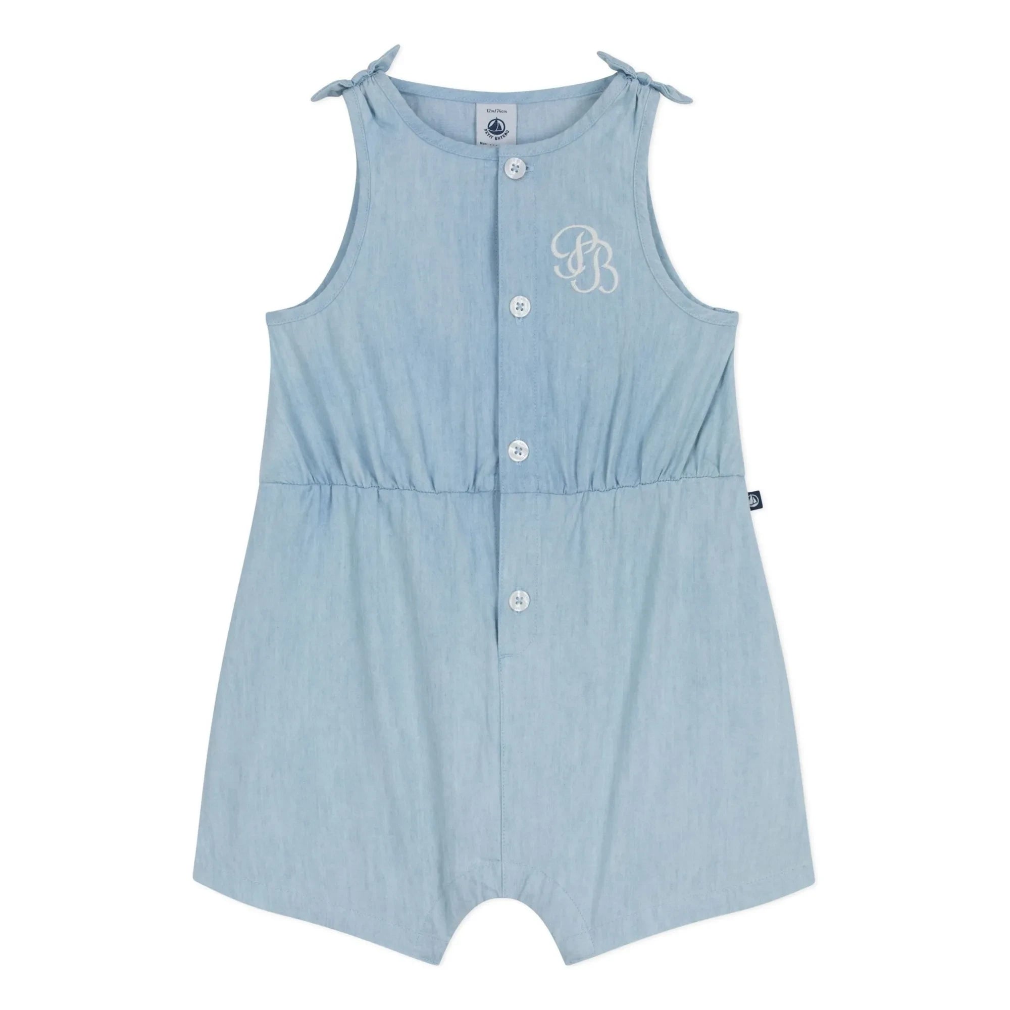 Petit Bateau - Blauer Chambray Strampler mit Bändern