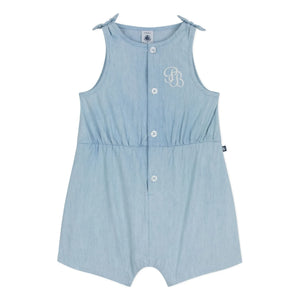 Petit Bateau - Blauer Chambray Strampler mit Bändern