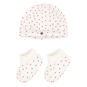 Petit Bateau - Organic Cotton Heart Beanie and Bootie Set | Ecru
